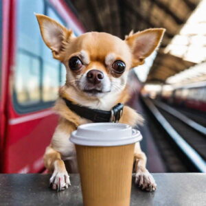 chihuahua meme face in train station drinking coffee