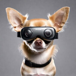chihuahua meme face wearing VR
