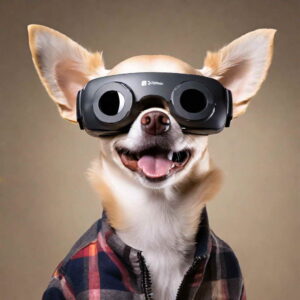 chihuahua meme face wearing VR and shirt
